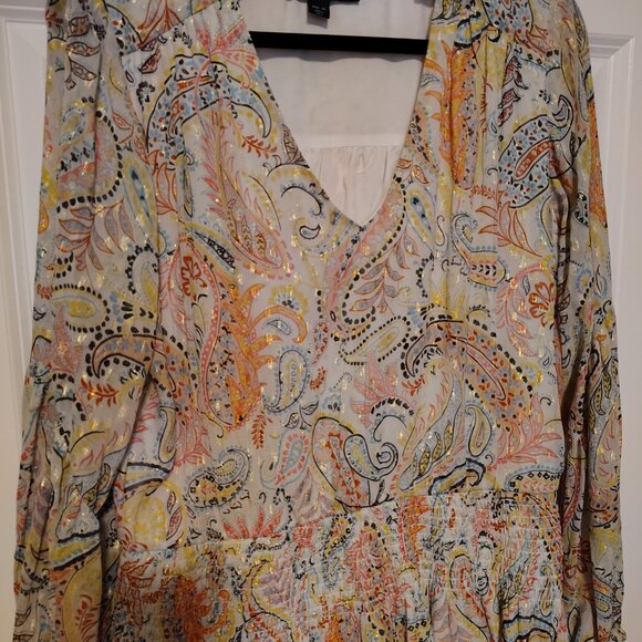 Boston Proper Paisley Bell Sleeves Metallic Threaded Mini Dress Smocked Waist - Picture 6 of 14